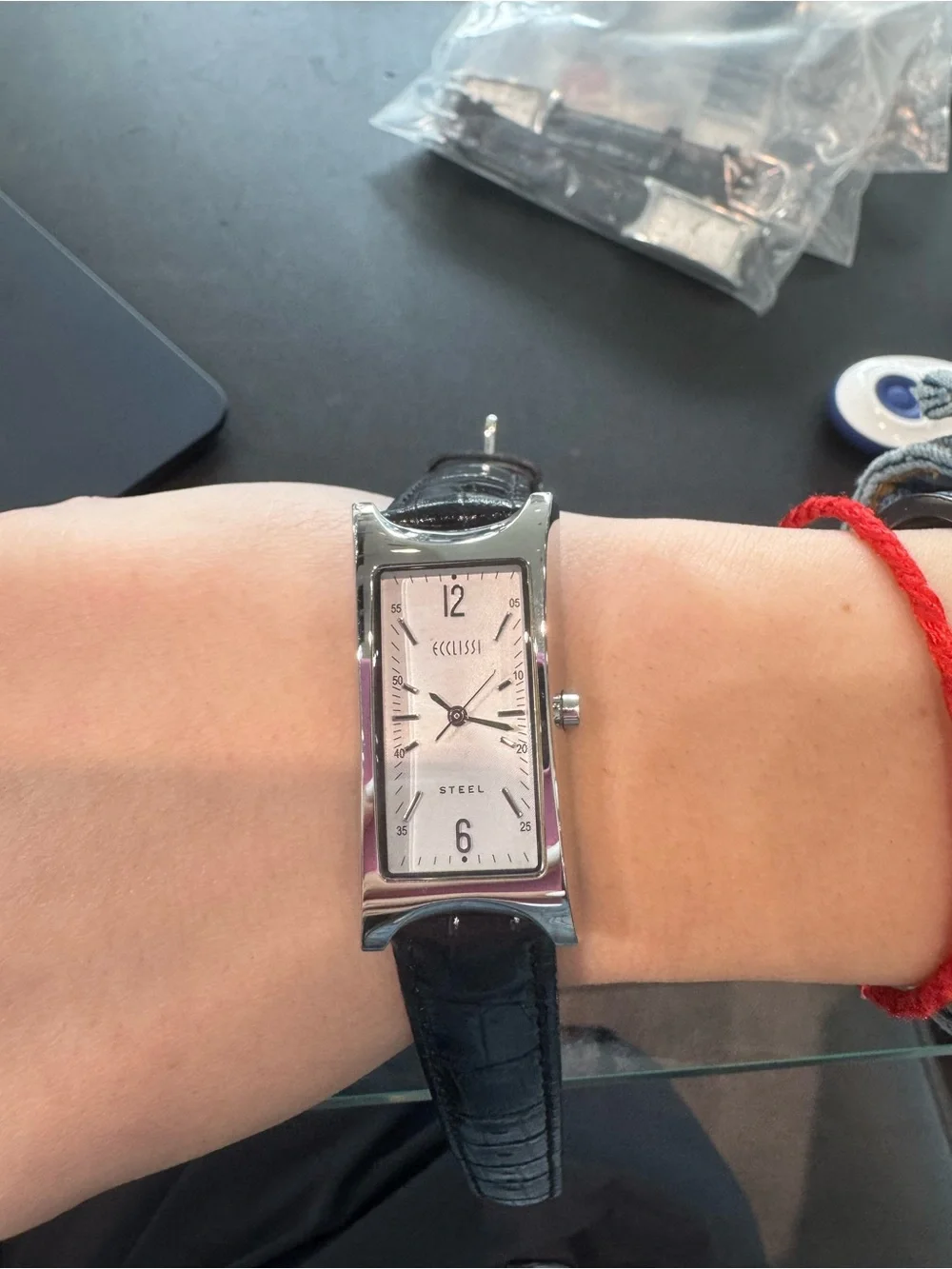 New Eclissi Stainless Steel Rectangular Watch with Black Leather Strap